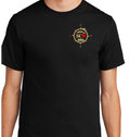 A black short-sleeve crewneck t-shirt with a small circular multicolor graphic printed on the left chest, shown on a cropped model torso against a solid white background.