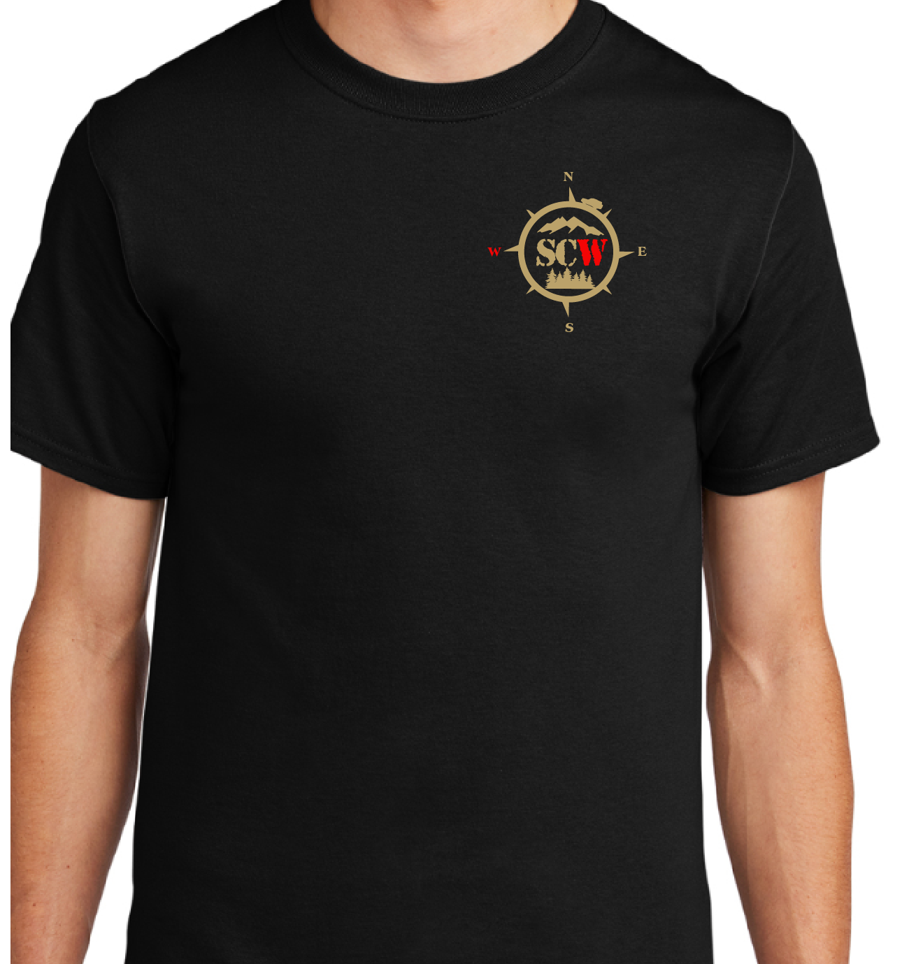 A black short-sleeve crewneck t-shirt with a small circular multicolor graphic printed on the left chest, shown on a cropped model torso against a solid white background.