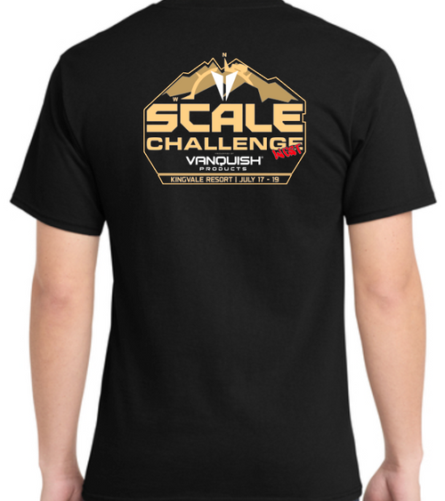A black short-sleeve t-shirt shown from the back on a model, featuring a large graphic print for the Scale Challenge 2026 at Vanquish Products Kingvale Resort.