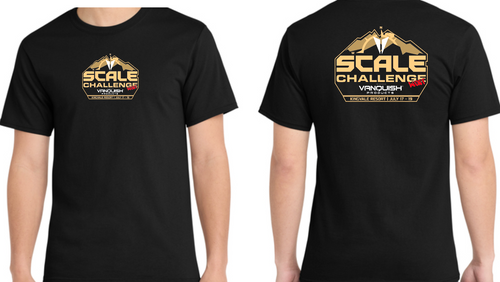 A black short-sleeve t-shirt shown from the back on a model, featuring a large graphic print for the Scale Challenge 2026 at Vanquish Products Kingvale Resort.